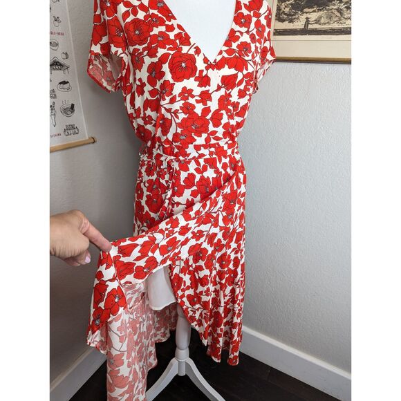BARDOT Fiesta Red Floral Faux Wrap Tie Waist Asymmetrical Midi Dress Size US 8 - Picture 10 of 15